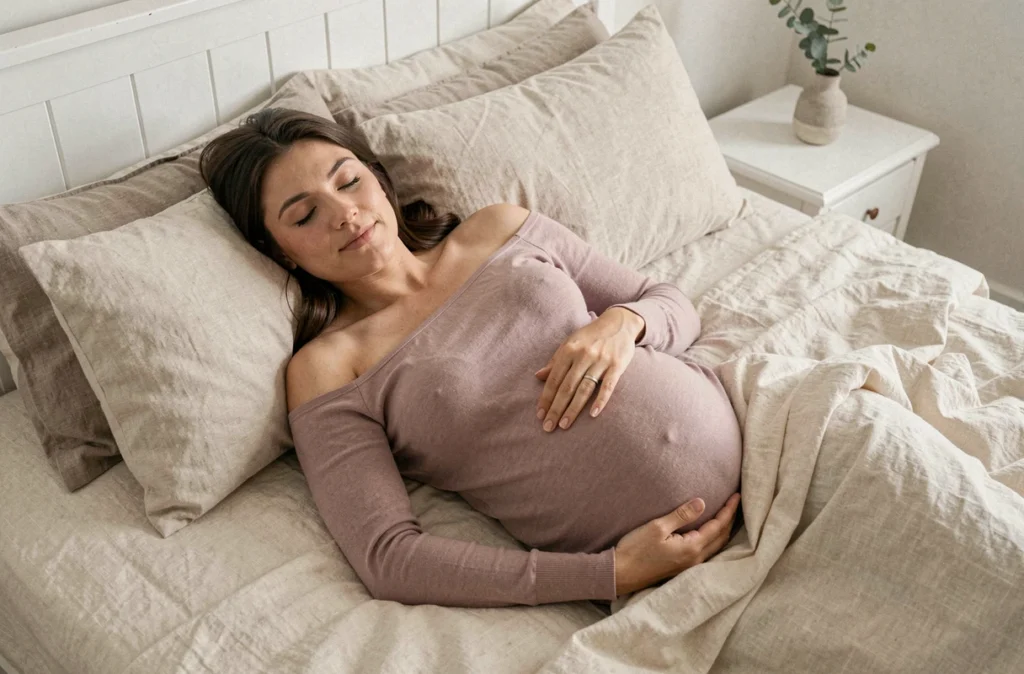 Femme enceinte allongée sur un lit en lin beige lors d'une séance photo grossesse intimiste à domicile