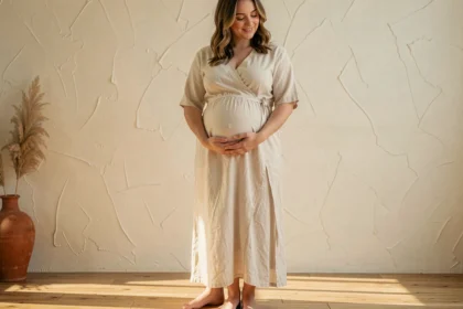 Femme enceinte de 7 mois en robe de lin ivoire tenant son ventre dans un studio photo aux tons chauds et naturels