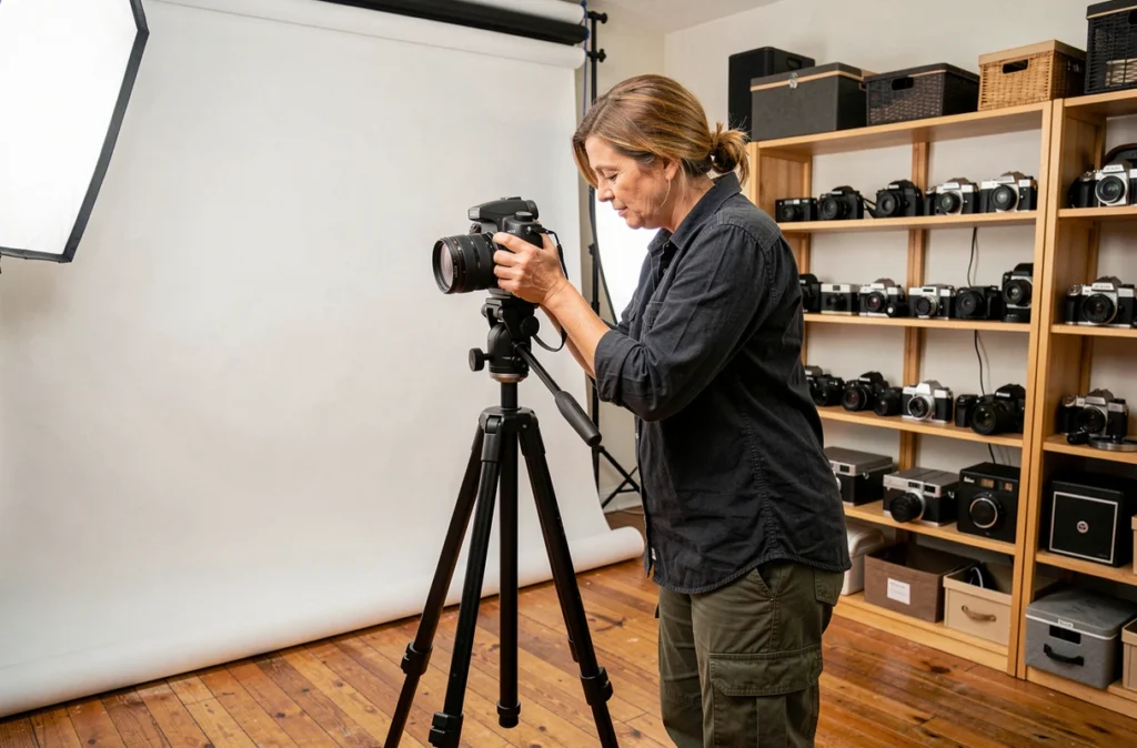 Photographe installant son matériel dans un studio photo professionnel aux Pavillons-sous-Bois
