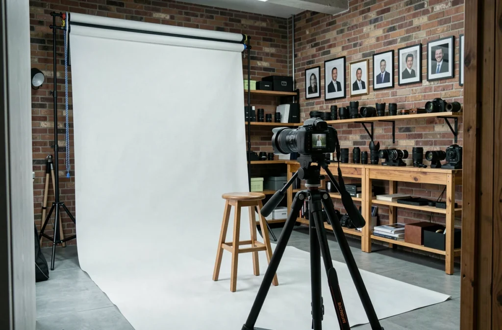 Studio photo professionnel aménagé avec fond blanc et équipements photographiques au Perreux-sur-Marne