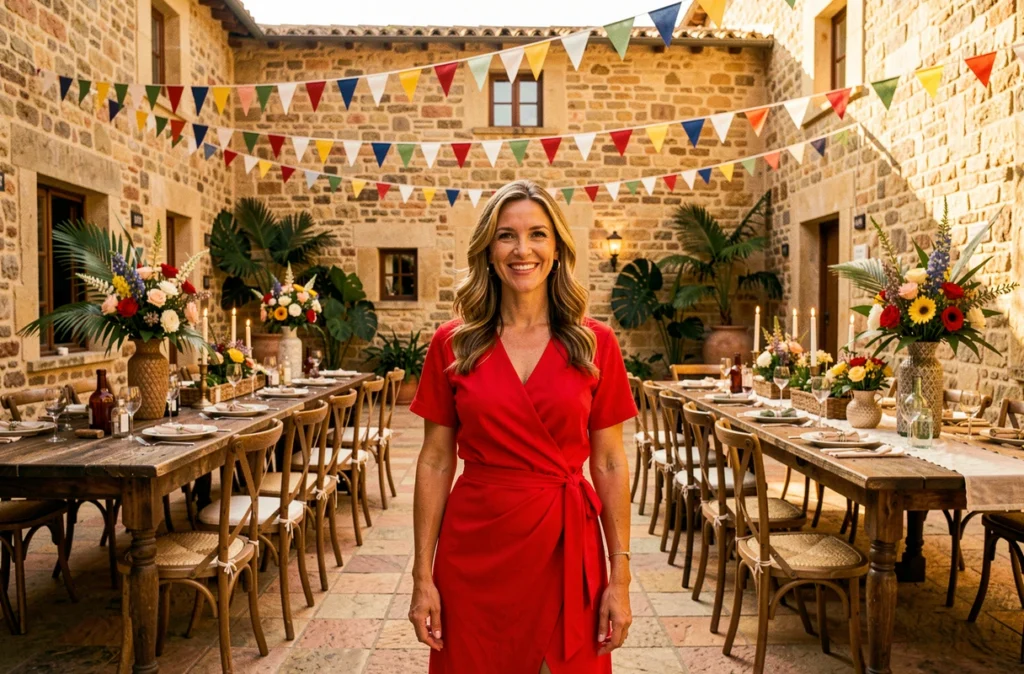 Wedding planner Viva La Vida Events dans une cour décorée de façon festive avec des fleurs tropicales en Occitanie