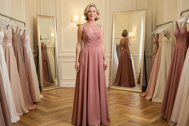 Femme élégante de plus de 50 ans essayant une robe longue rose poudré dans une boutique de mariage raffinée