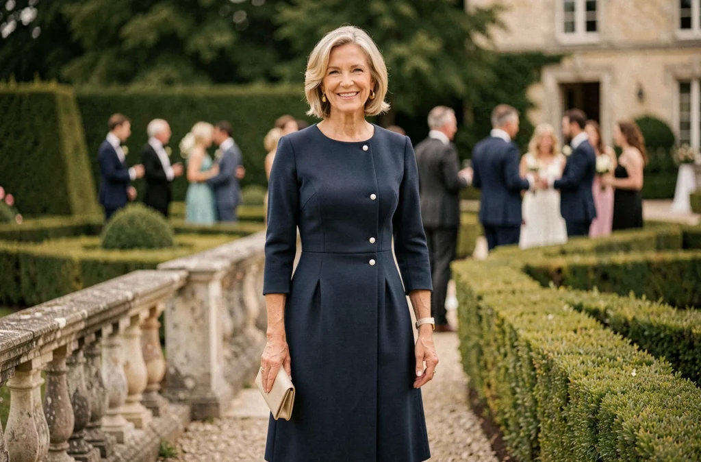 Mère de marié souriante en robe bleue marine mi-longue dans un jardin de château lors d'une cérémonie de mariage